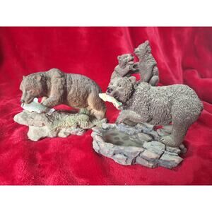Bear Family Figurines Lot Resin Wildlife Cubs Fish Creek Cabin Decor Set